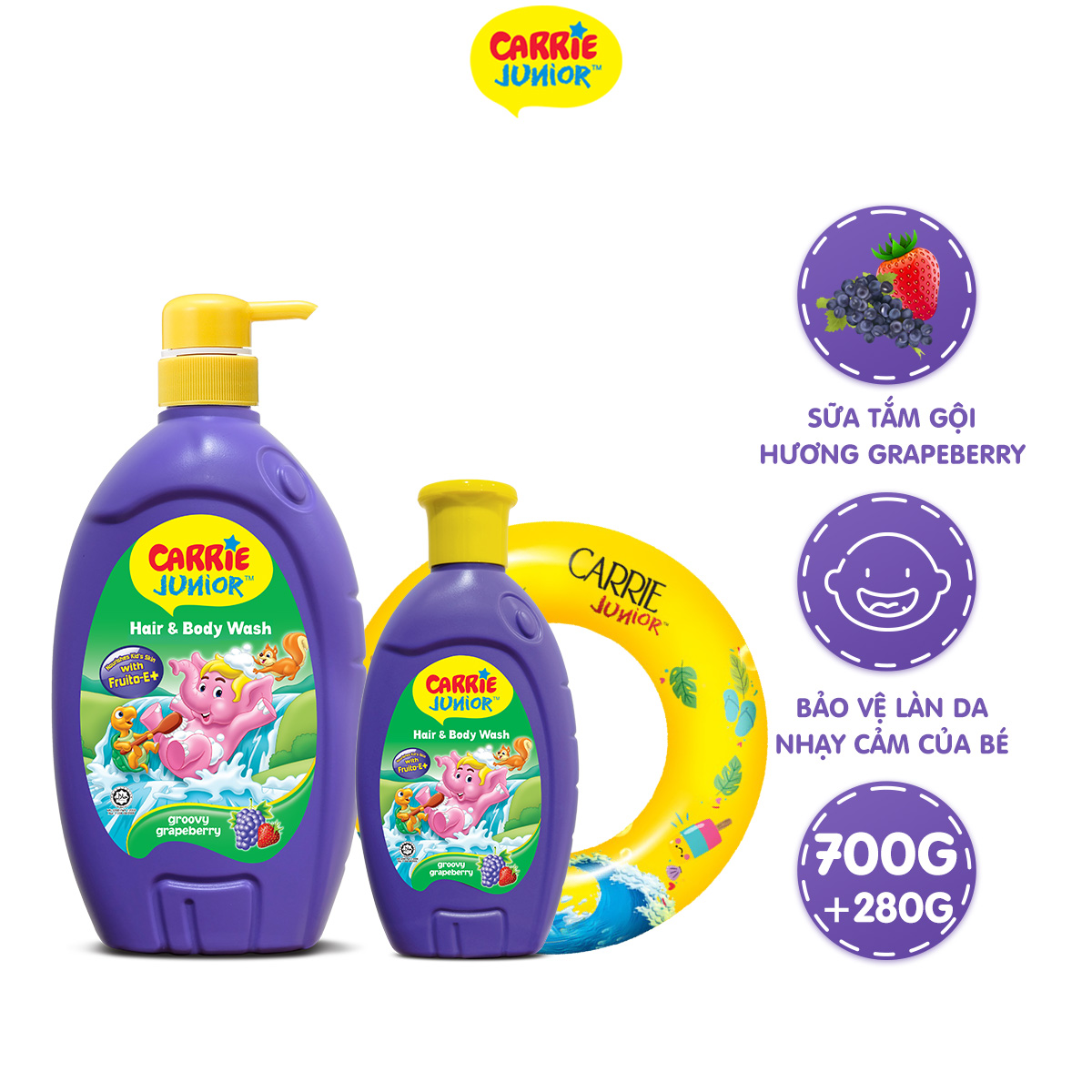 Combo Sữa Tắm Gội cho bé Carrie Junior Hương Grapeberry: 700g + 280g - Tặng phao bơi