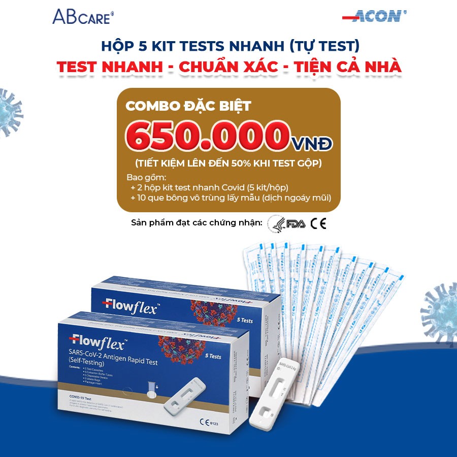 Combo 2 hộp Kit test nhanh Covid 19 Acon FlowFlex lấy mẫu dịch mũi - Chính xác 99% gồm 10 bộ kit test