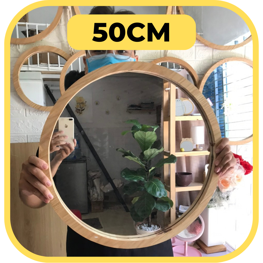 Gương tròn viền gỗ thông phủ PU chống ẩm, Đường kính 30cm đến 60cm, Có dây treo tường