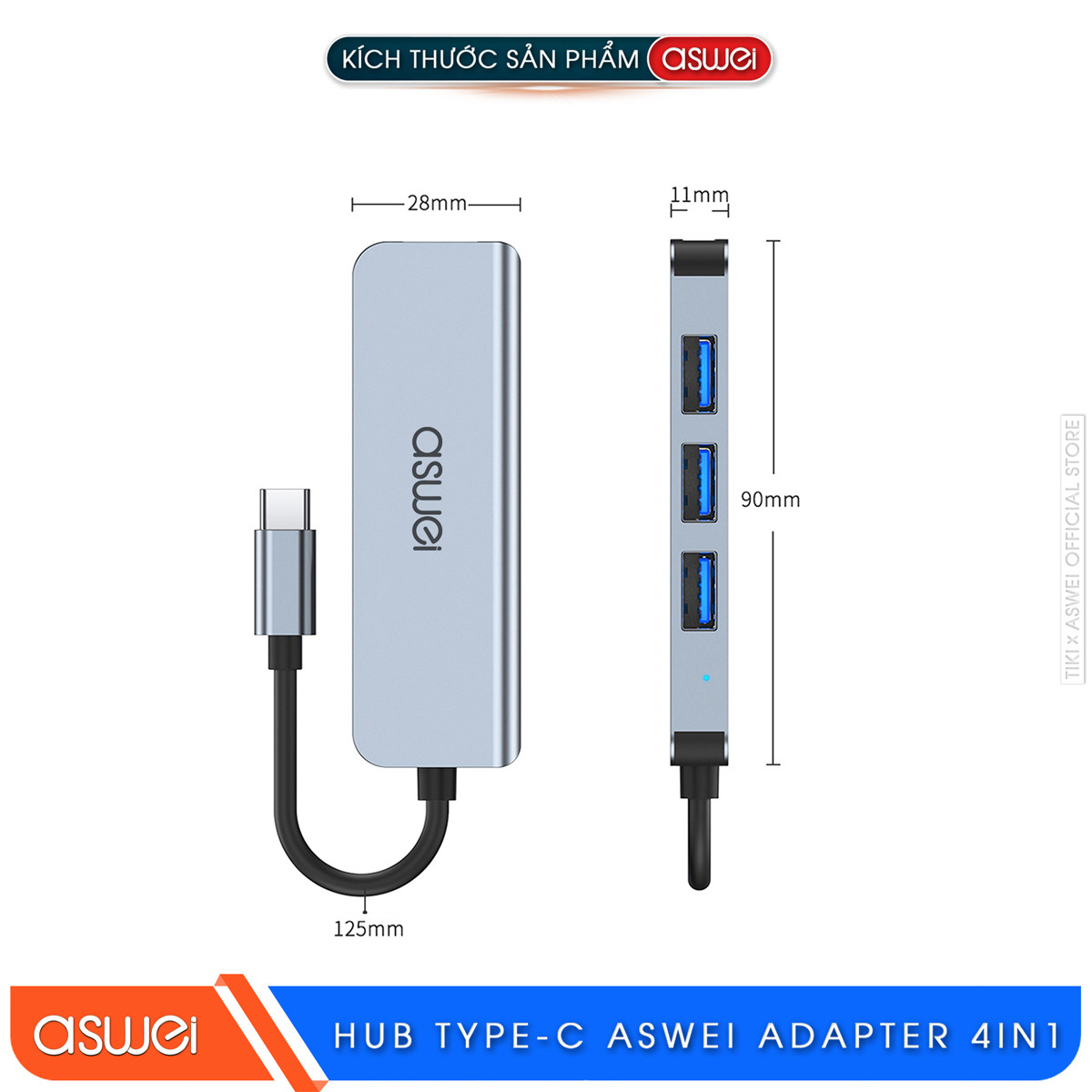 Hub Type C Và Hub USB 3.0 ASWEI 4 in 1 To 4 USB 3.0 - Hàng Chính Hãng
