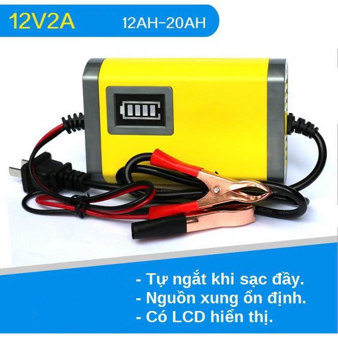 Bộ sạc bình ắc quy cho ô tô xe máy 12V/2A 12Ah-20AH, vỏ nhựa ABS, màu vàng