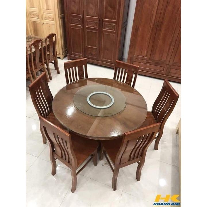 Bộ bàn ghế ăn gỗ sồi nga bàn tròn kính xoay 6 ghế