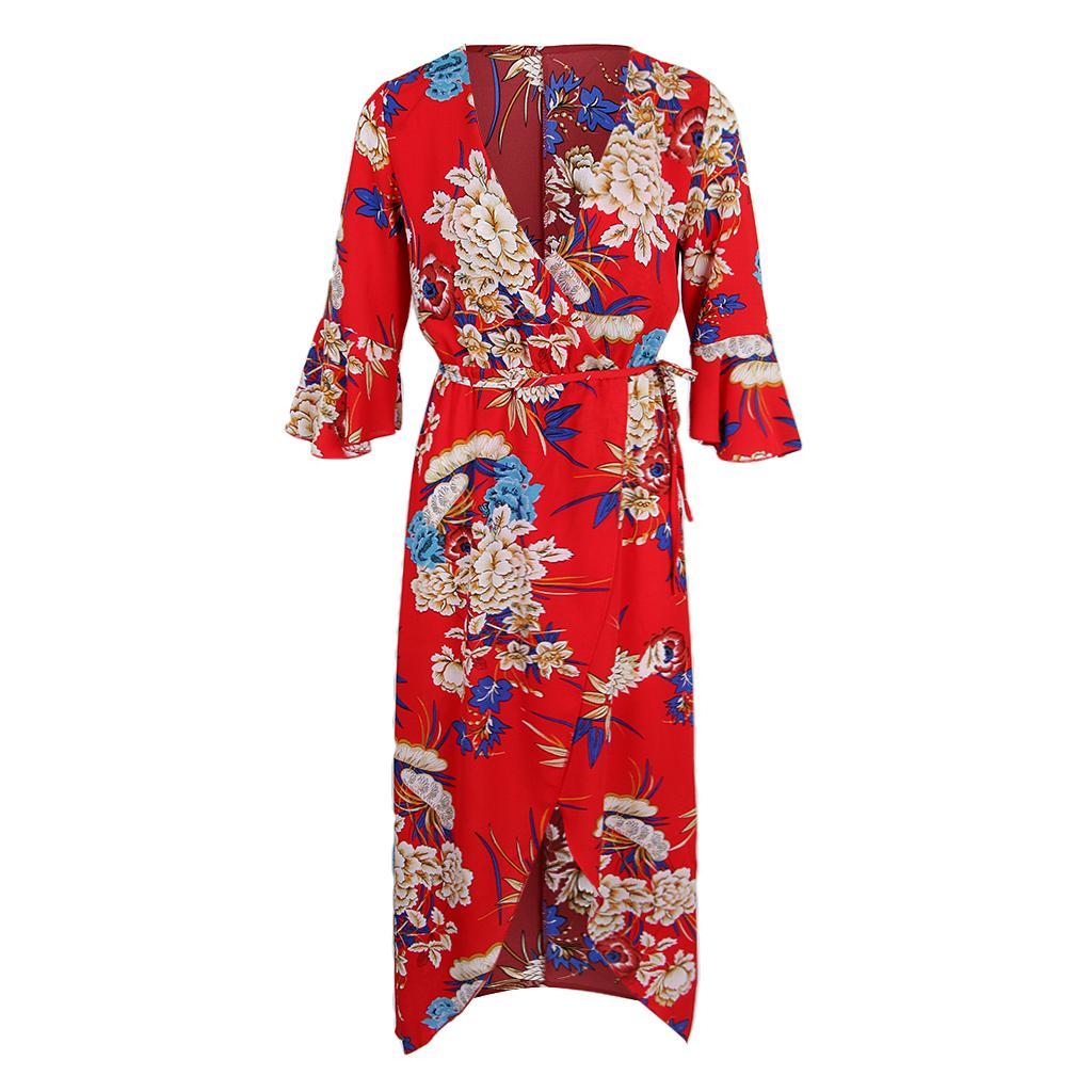 Women's V Neck Floral High Split Loose Dress Stretch Casual Long Maxi Dress