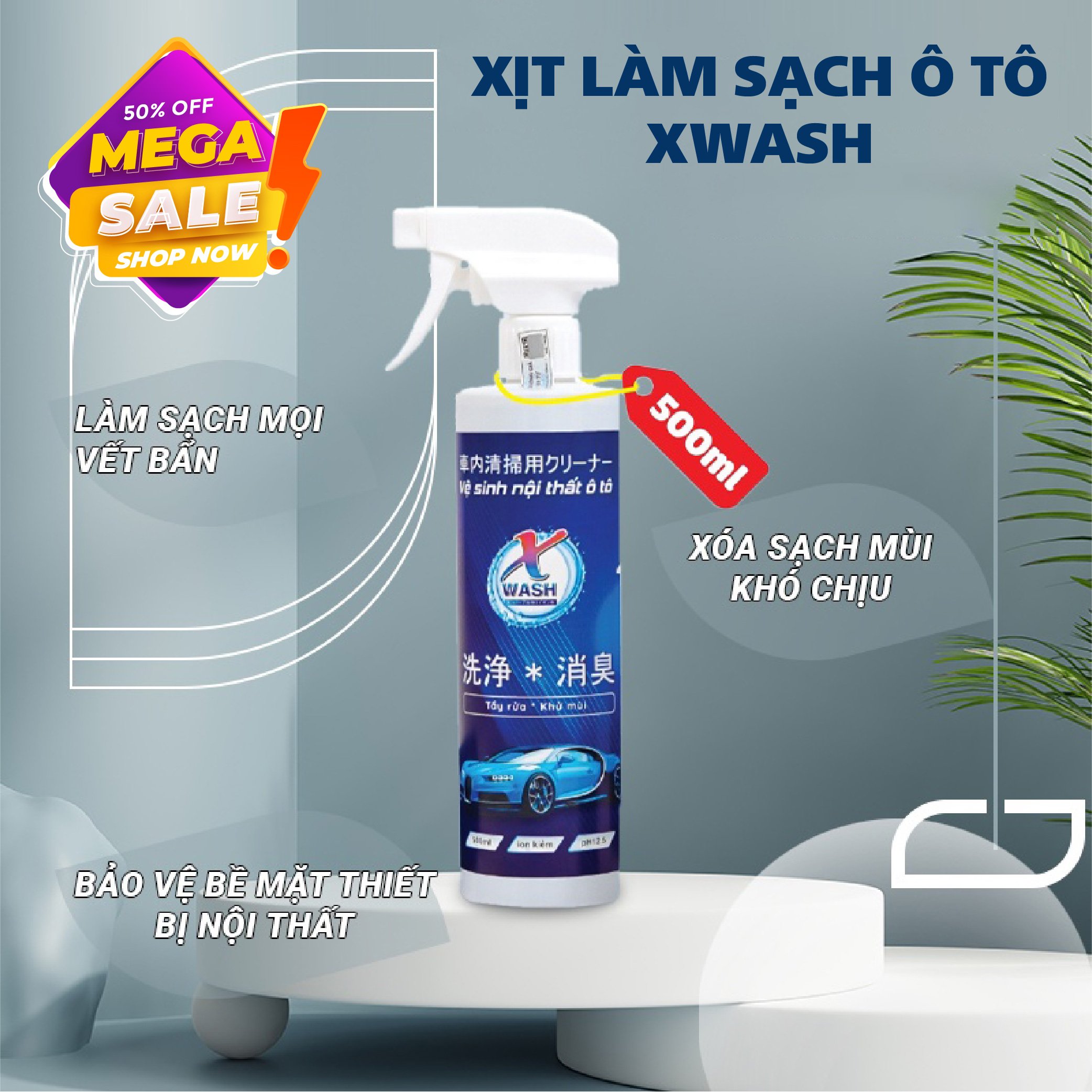 Chai xịt tẩy rửa nội thất xe hơi ô tô XWASH 500ml ,làm sạch nội thất an toàn không hóa chất, tặng kèm khăn lông cừu