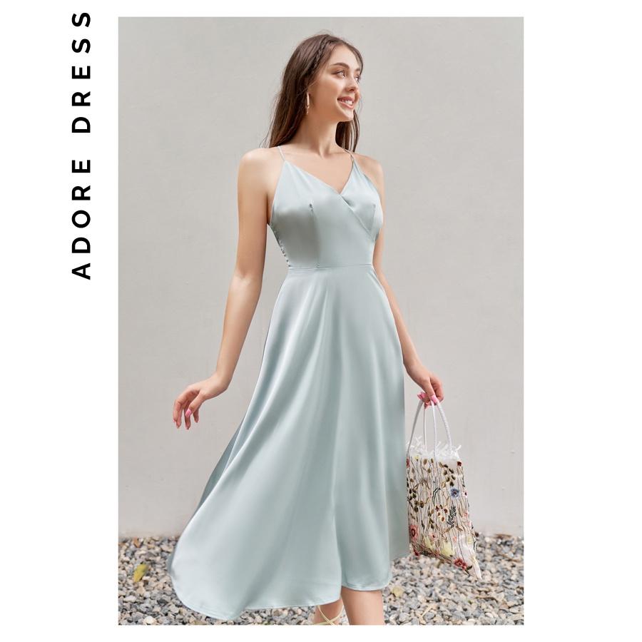 Đầm mini 2 dây nhún ngực lụa xanh olive 1VA6016 ADORE DRESS