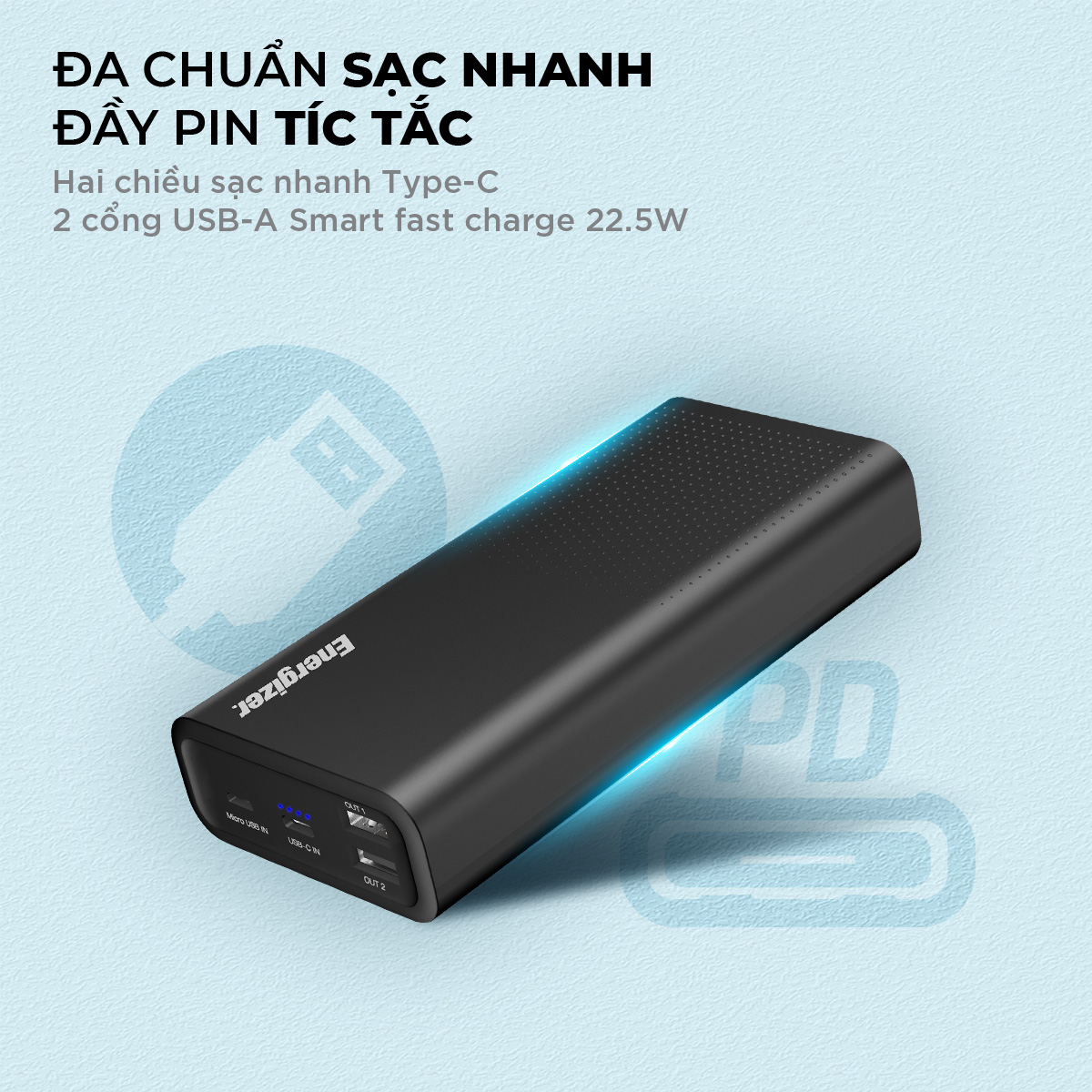 Sạc dự phòng Energizer 20,000mAh UE20012PQ - Hàng chính hãng