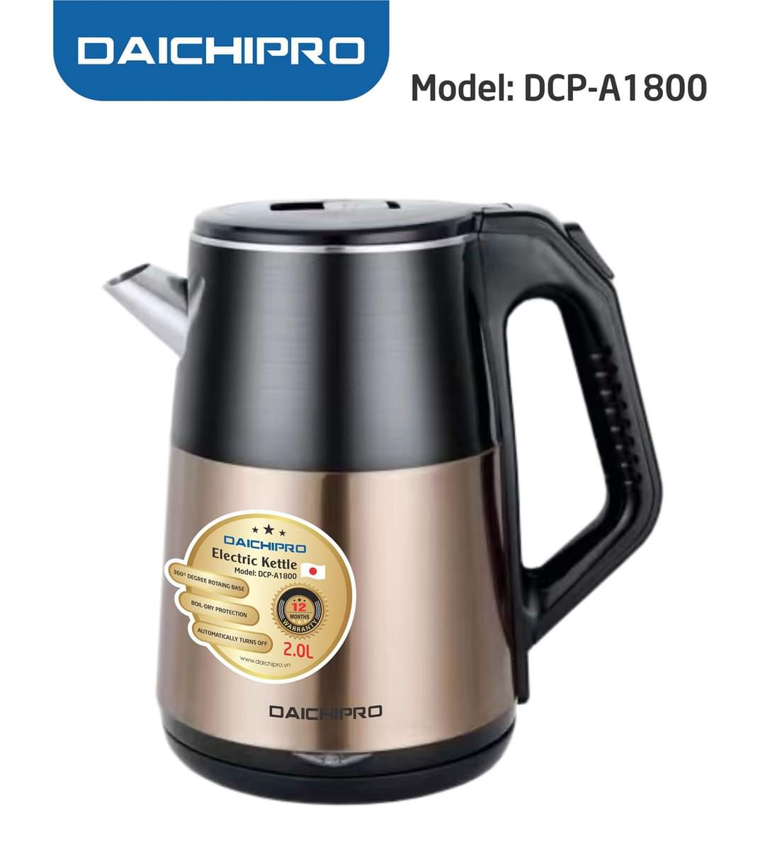 Ấm Siêu Tốc Daichipro DCP A1800, Dung Tích 2L, Công Nghệ Nhật Bản, Lòng Ấm Inox, Vỏ Nhựa ABS Cách Nhiệt An Toàn Tuyệt Đối - Hàng Chính Hãng