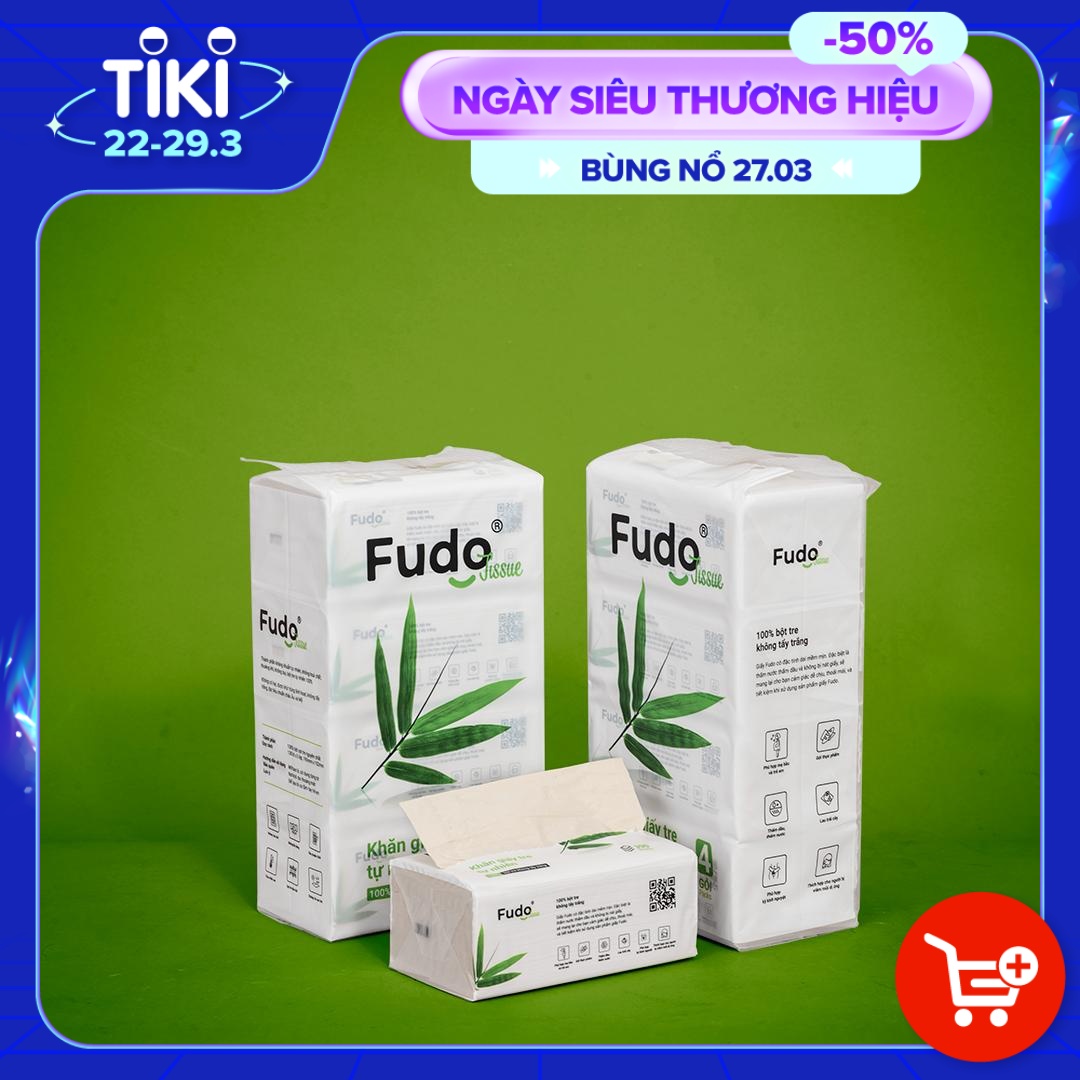 Khăn giấy khô Fudo® TISSUEPack™ từ tre không bụi vụn, không tẩy trắng - 2 Túi lớn - 08 gói/130 tờ - 03 lớp siêu thấm