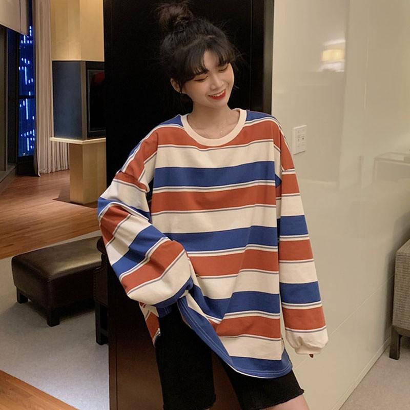 Áo Thun Dài Tay Dáng Rộng Với Họa Tiết Sọc Ngang Xinh Xắn Dành Cho Các Cặp Đôi