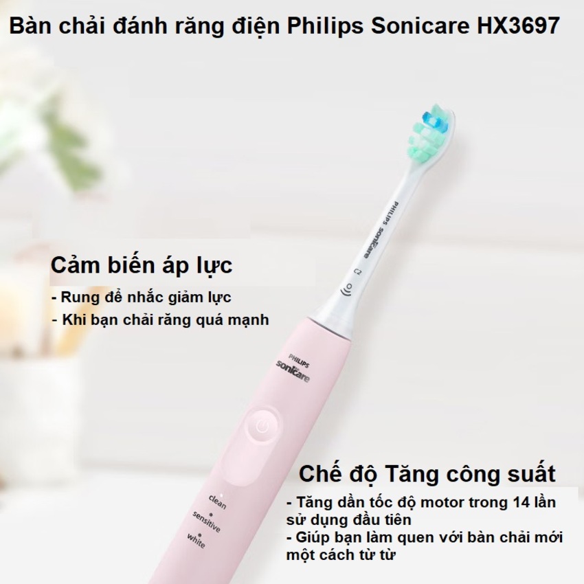 Bàn chải đánh răng điện rhương hiệu Hà Lan cao cấp Philips Sonicare Series 5200 HX3697 - 3 chế độ làm sạch - Hàng chính hãng