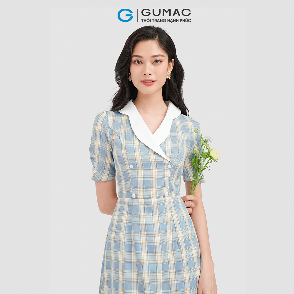Đầm form A GUMAC DC10055 cổ V caro trẻ trung