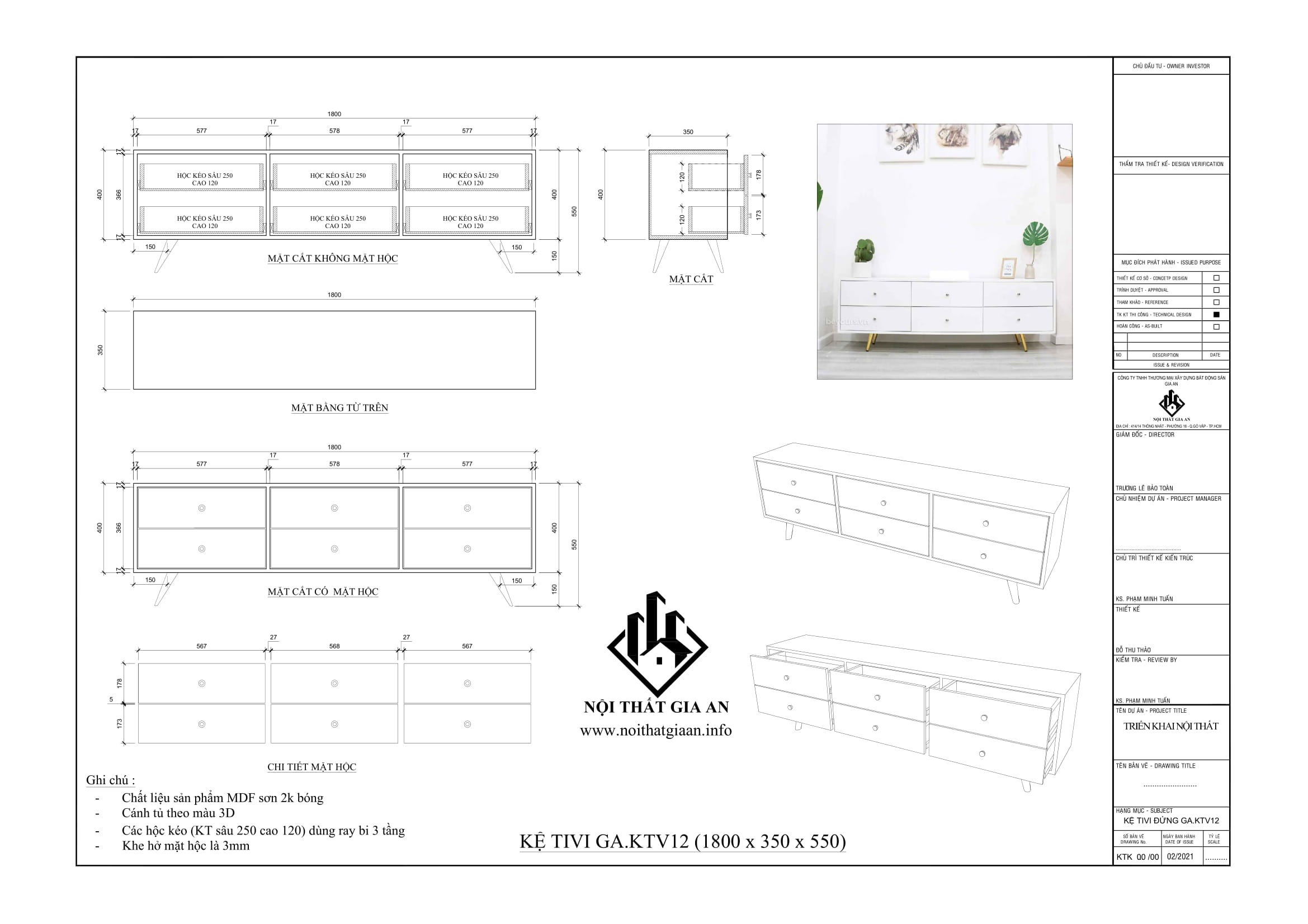 Tủ kệ tivi Gia An Gỗ MDF cánh trắng chân mạ vàng mã 12