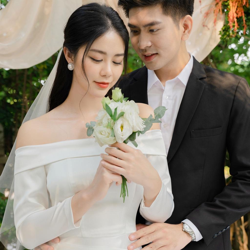 Váy trắng trễ vai dáng dài thiết kế chính hãng GIIAN, đầm maxi nhún eo cho cô dâu, dự tiệc chất lụa sang trọng - V2426
