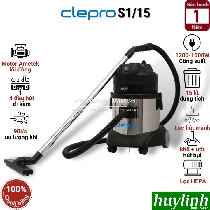 Máy hút bụi công nghiệp khô và ướt Clepro S1/15 - Dung tích 15 lít - Công suất 1200 - 1600W - bộ lọc HEPA - Hàng chính hãng