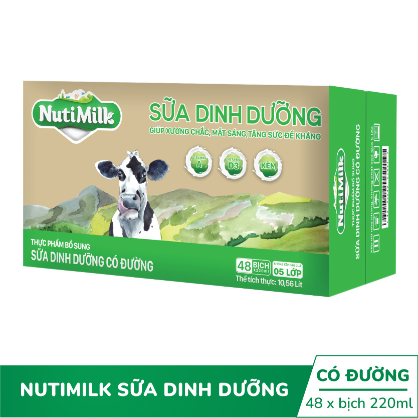 Thùng 48 bịch Nutimilk Sữa dinh dưỡng Có đường 220ml