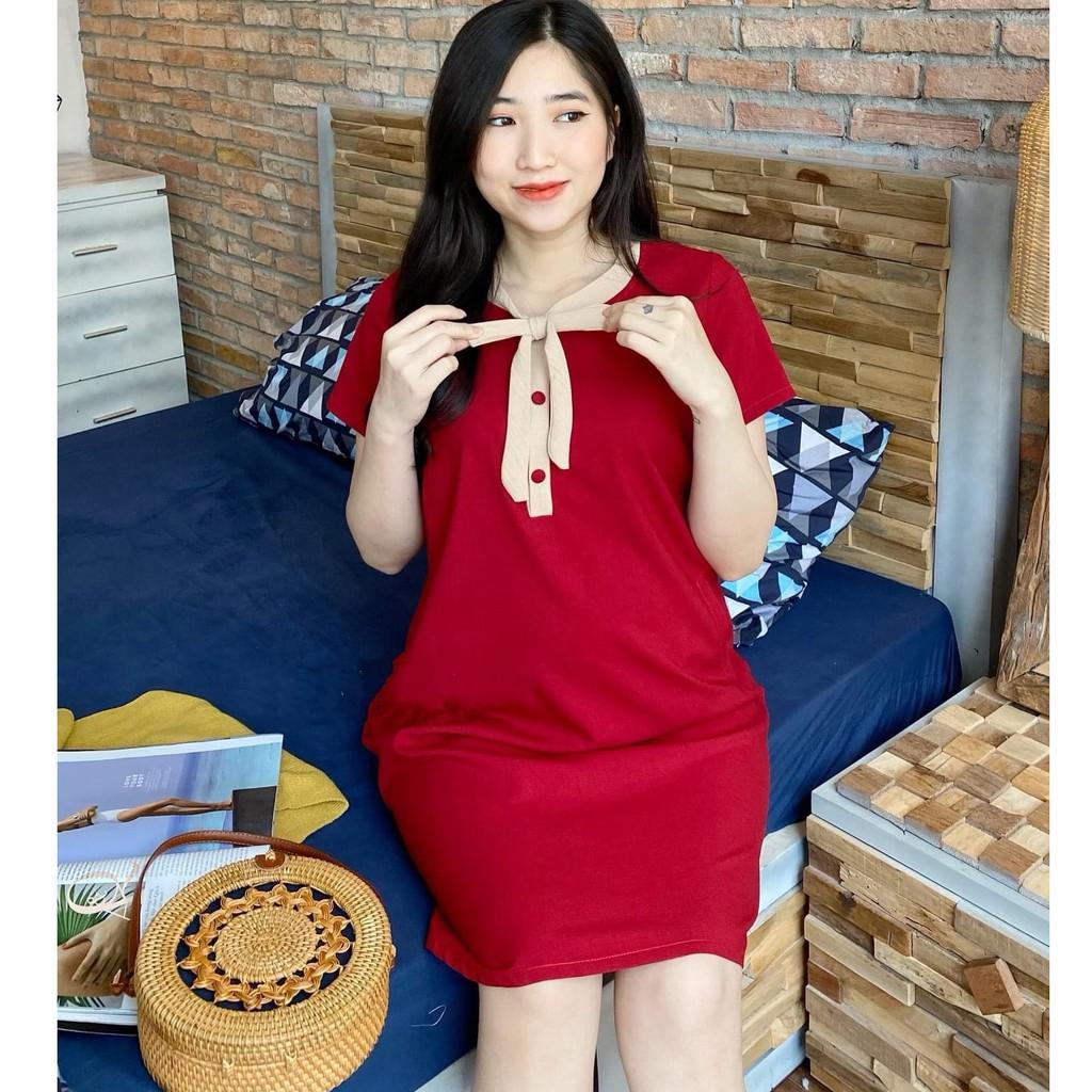 Váy bầu công sở thiết kế dáng xuông nơ cổ xinh sắn