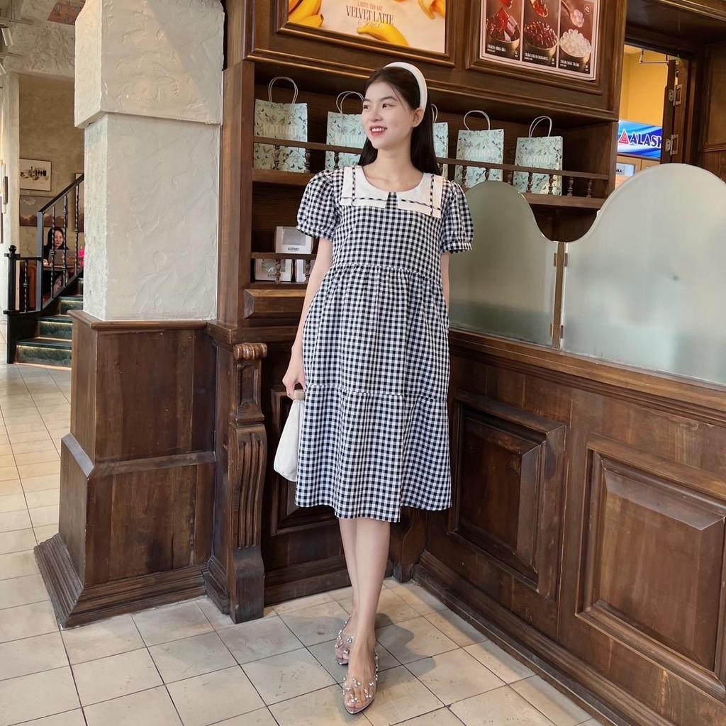 Đầm bầu karo cổ thuỷ thủ phom babydol trẻ trung, đáng yêu Nữ Women Cotton Thun - Xanh biển