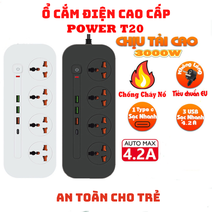 Ổ cắm điện đa năng POWER T20, ổ điện thông minh 3 cổng USB 1 type c sạc nhanh 4 ổ cắm điện chống cháy nổ an toàn cho trẻ