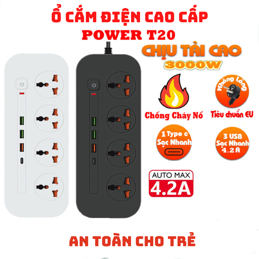 Ổ cắm điện đa năng POWER T20, ổ điện thông minh 3 cổng USB 1 type c sạc nhanh 4 ổ cắm điện chống cháy nổ an toàn cho trẻ 