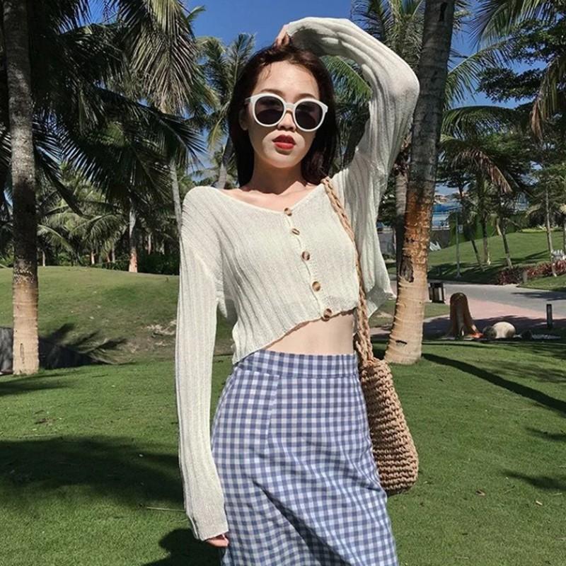 Áo Cardigan dệt kim mỏng tay dài cổ chữ V chống nắng