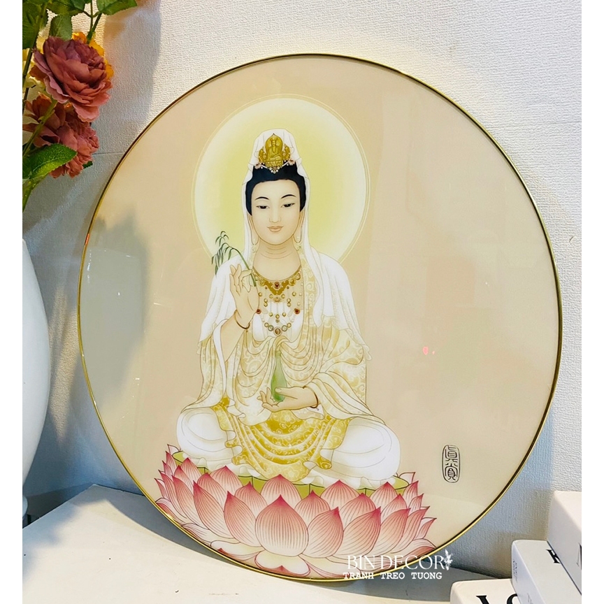 (ẢNH CHỤP)Tranh đèn led tráng gương phật Quan Âm bồ tát trang trí phòng thờ kèm đinh treo