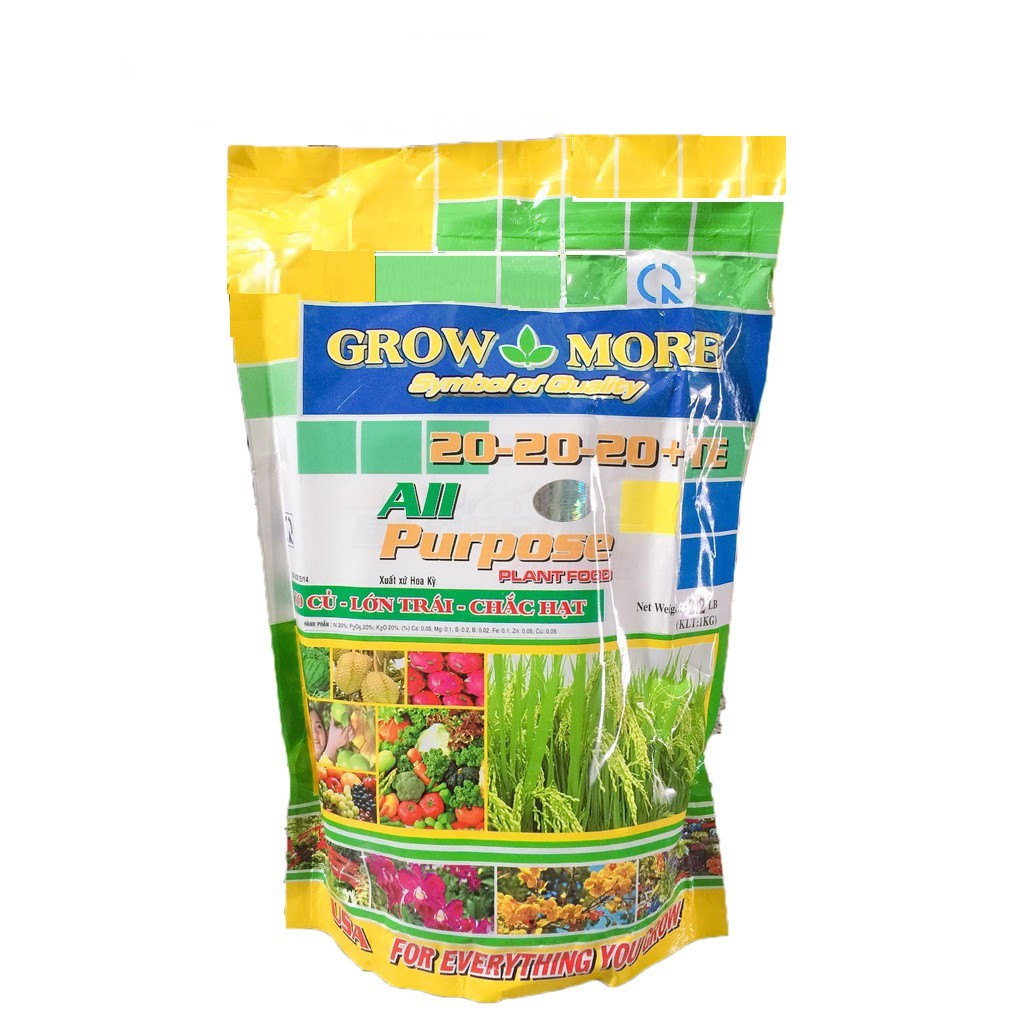 Phân bón Growmore NPK 20-20-20+TE gói 1kg To củ Lớn trái Chắc hạt