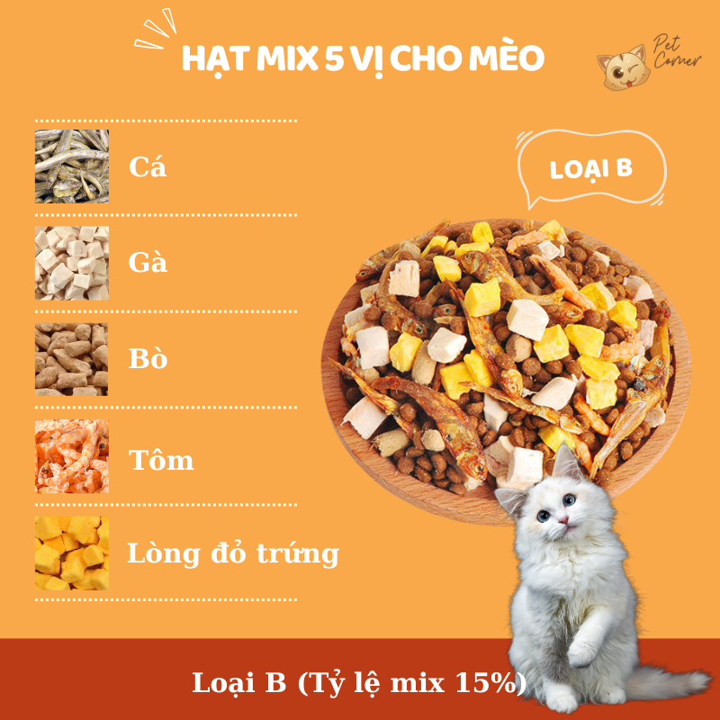 Hạt mix cao cấp cho mèo trộn thịt bò, gà, tôm, cá, lòng đỏ trứng, rau củ quả - Thức ăn hạt cho mèo kén ăn