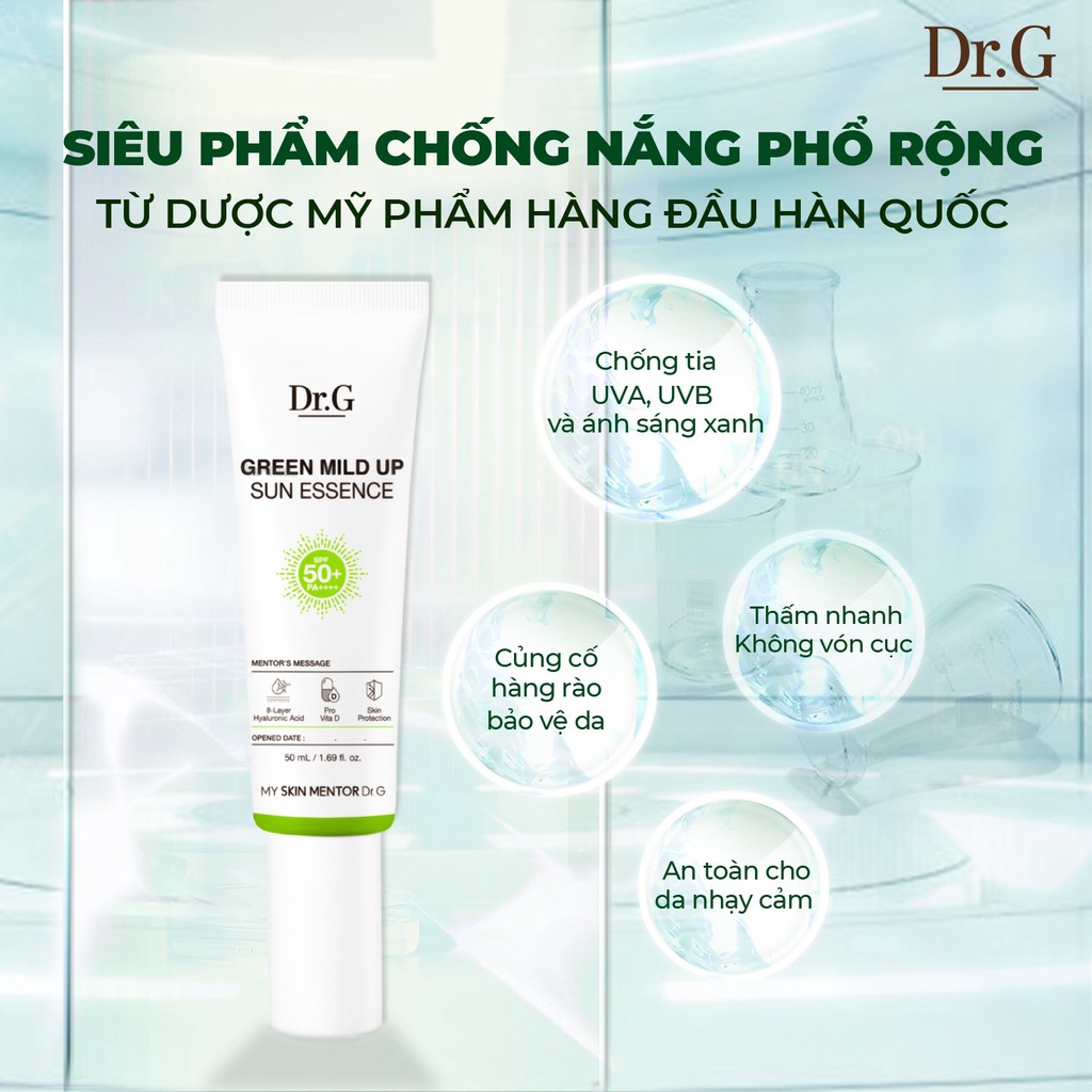 Kem Chống Nắng Phổ Rộng, Bảo Vệ Da Tối Ưu Dr.G Green Mild Up Sun Essence 50ml