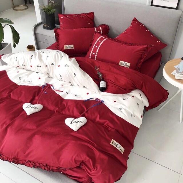 Bộ ga gối lụa tim 6 món hàng đẹp