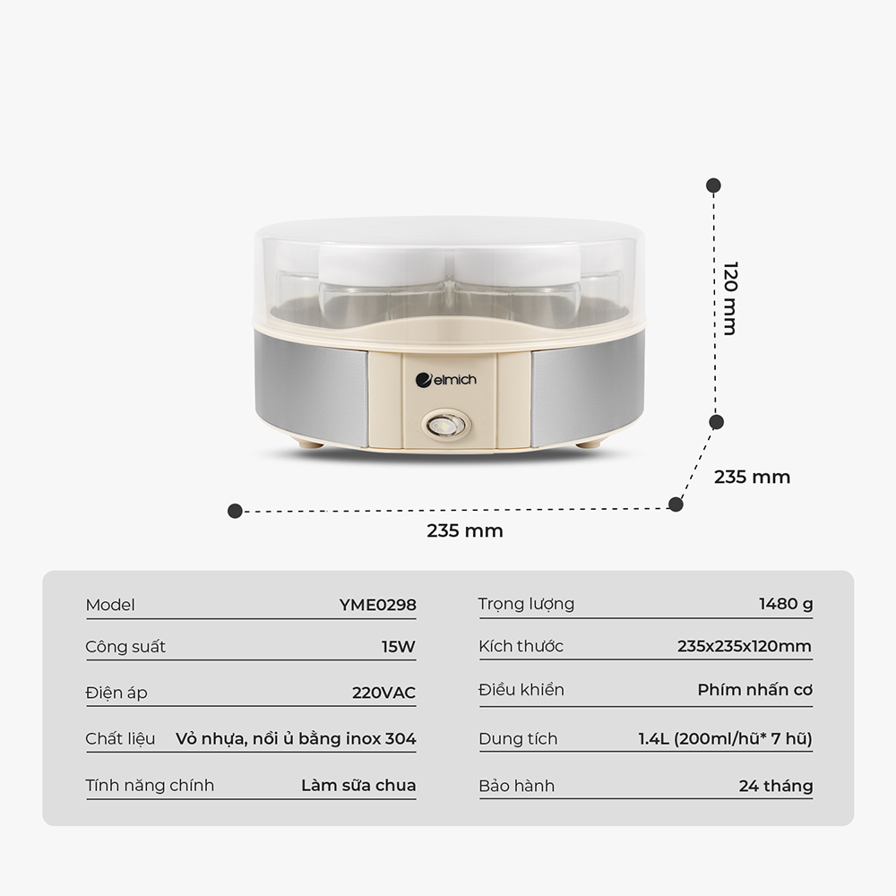 Máy Làm Sữa Chua Elmich YME0298 15W, Hàng Chính Hãng, Điều Khiển Cơ, 7 Hũ Thủy Tinh 200ml - JoyMall