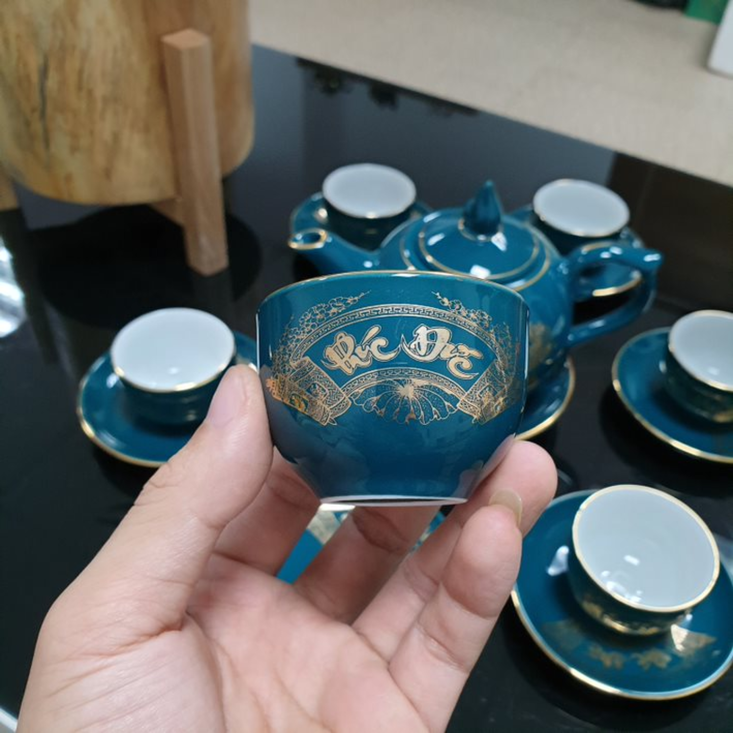 Bộ ấm chén uống trà cao cấp , bộ ấm trà Bát Tràng - phúc đức xanh mallard