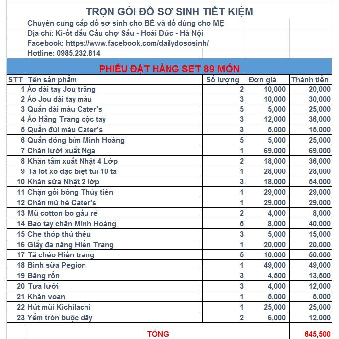 TRỌN GÓI 89 MÓN ĐỒ SƠ SINH CHO BÉ MỚI 2020