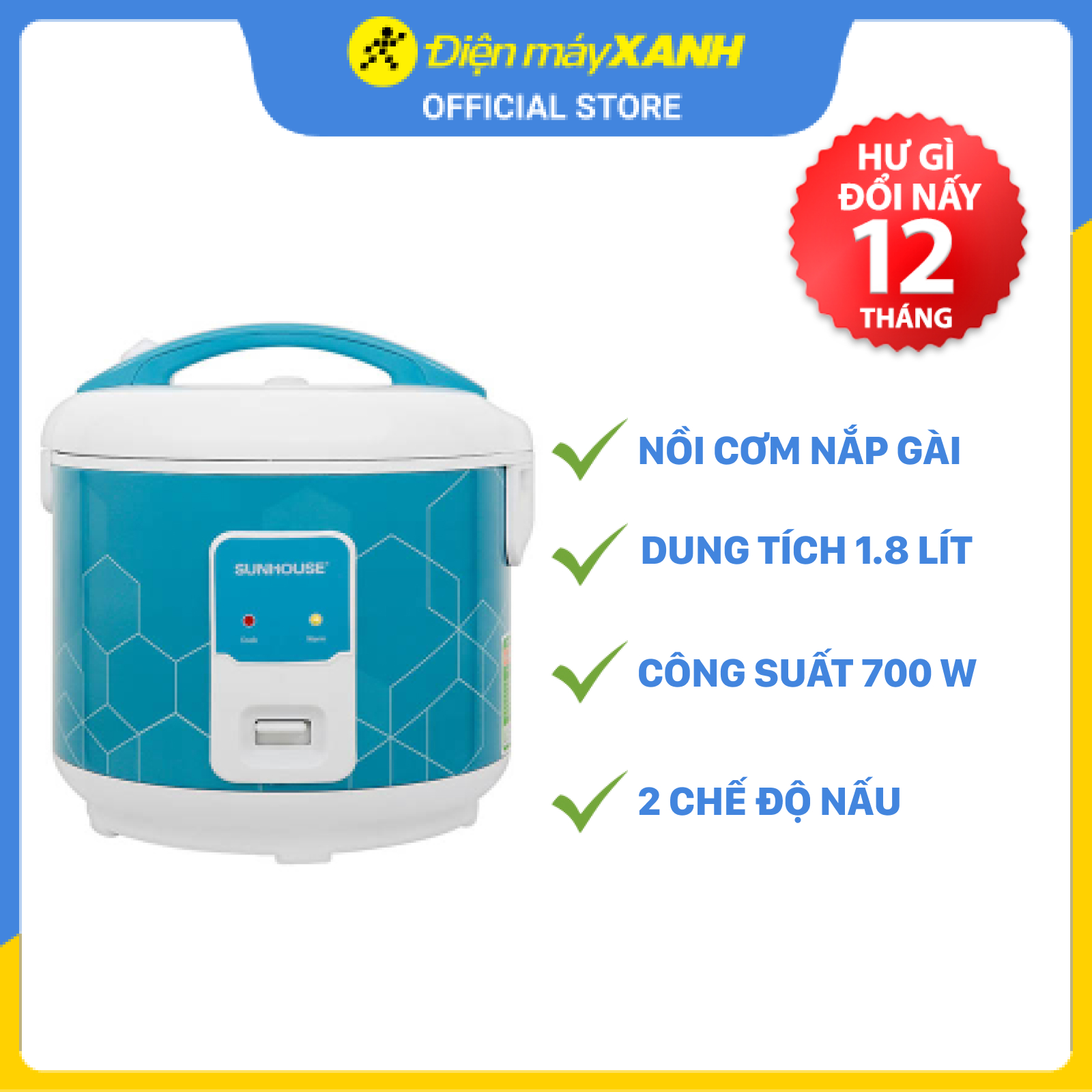 Nồi Cơm Điện Nắp Gài Sunhouse SHD8622G (1.8 lít) - Xanh - Hàng chính hãng