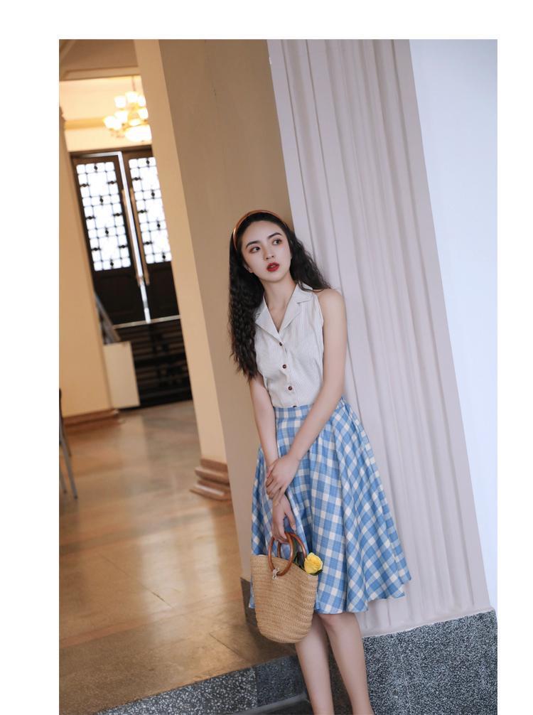 TOBE1SHOP Mùa hè năm 2025, váy kẻ caro màu xanh lá cây, váy chữ A, kiểu Pháp, thắt lưng, váy xòe, nữ tính.
