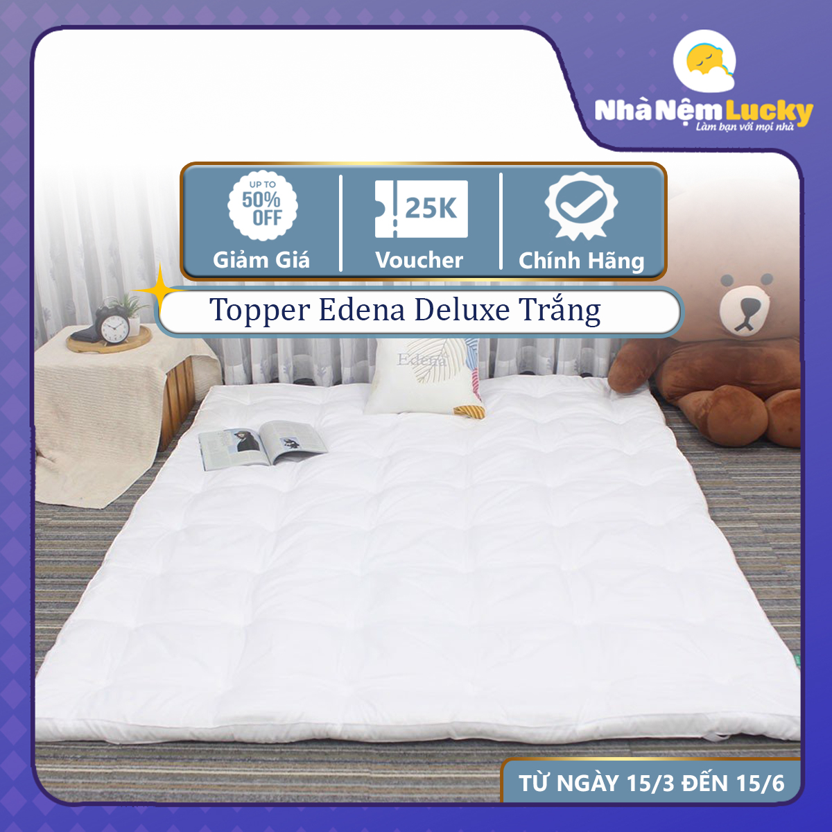 Nệm Topper Edena Deluxe - Topper MicroFiber - Tấm lót làm mềm, bảo vệ nệm - Dày 5cm - 6 Kích Thước