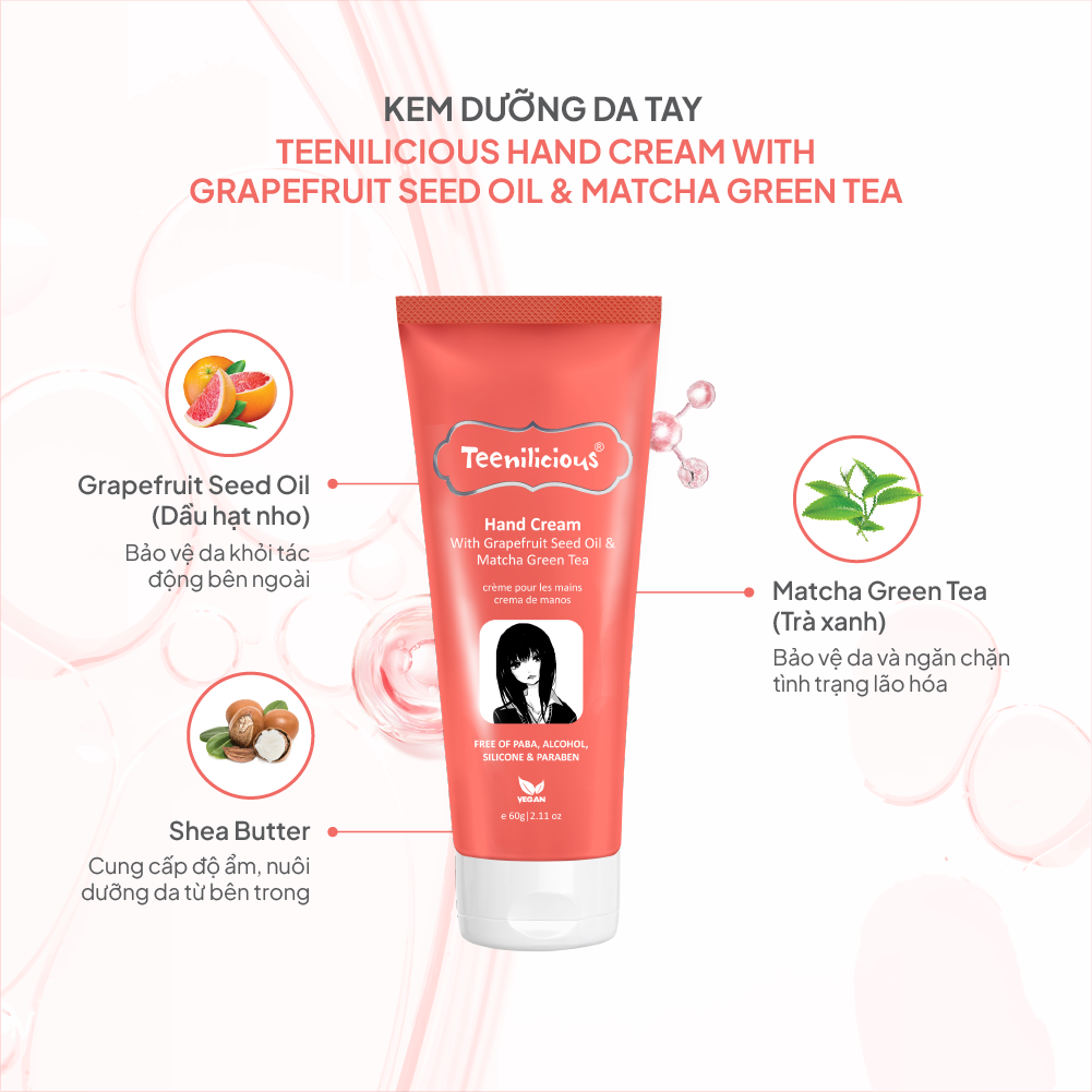 Kem Dưỡng Da Tay Teenilicious Hand Cream With Grapefruit Seed Oil &amp; Matcha Green Tea Giúp Dưỡng Ẩm Da 60g