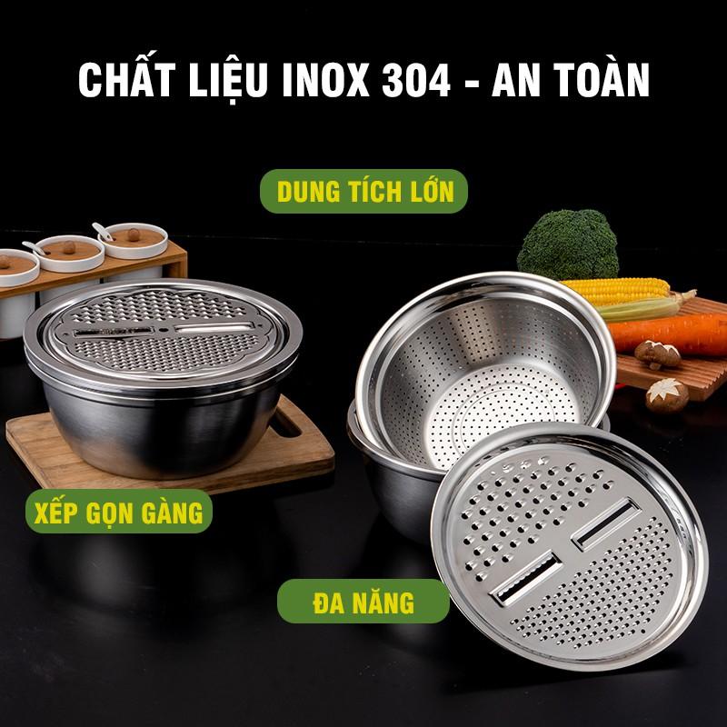 Bộ 3 Món Bào Nạo Rau Củ Kiêm Rổ Và Chậu Inox Cao Cấp Tiện Lợi