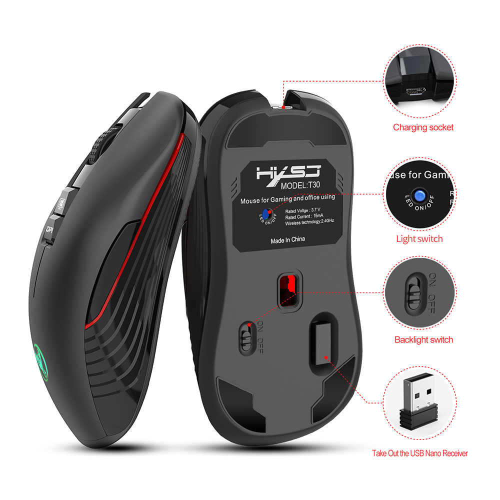 HXSJ T30 Chuột quang không dây 2.4GHz Chuột chơi game im lặng có thể sạc lại Chuột công thái học 3600DPI