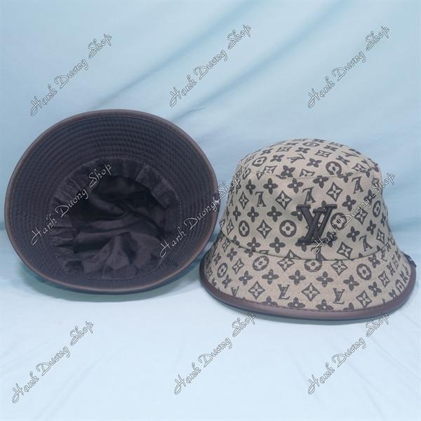 Mũ tai bèo nam nữ nón bucket thêu chữ LV vành có viền da xung quanh chất liệu vải cotton vòng đầu 56-57cm - Xám