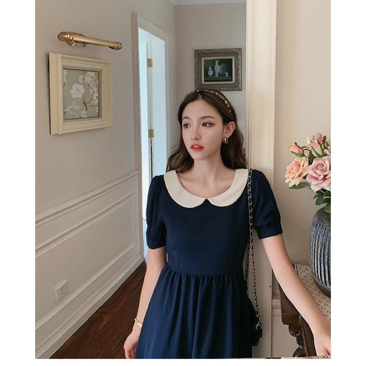 Váy Đầm Đen Nữ Hàn Quốc Ngắn Tay Dáng Dài Cổ Sen Siêu Xinh