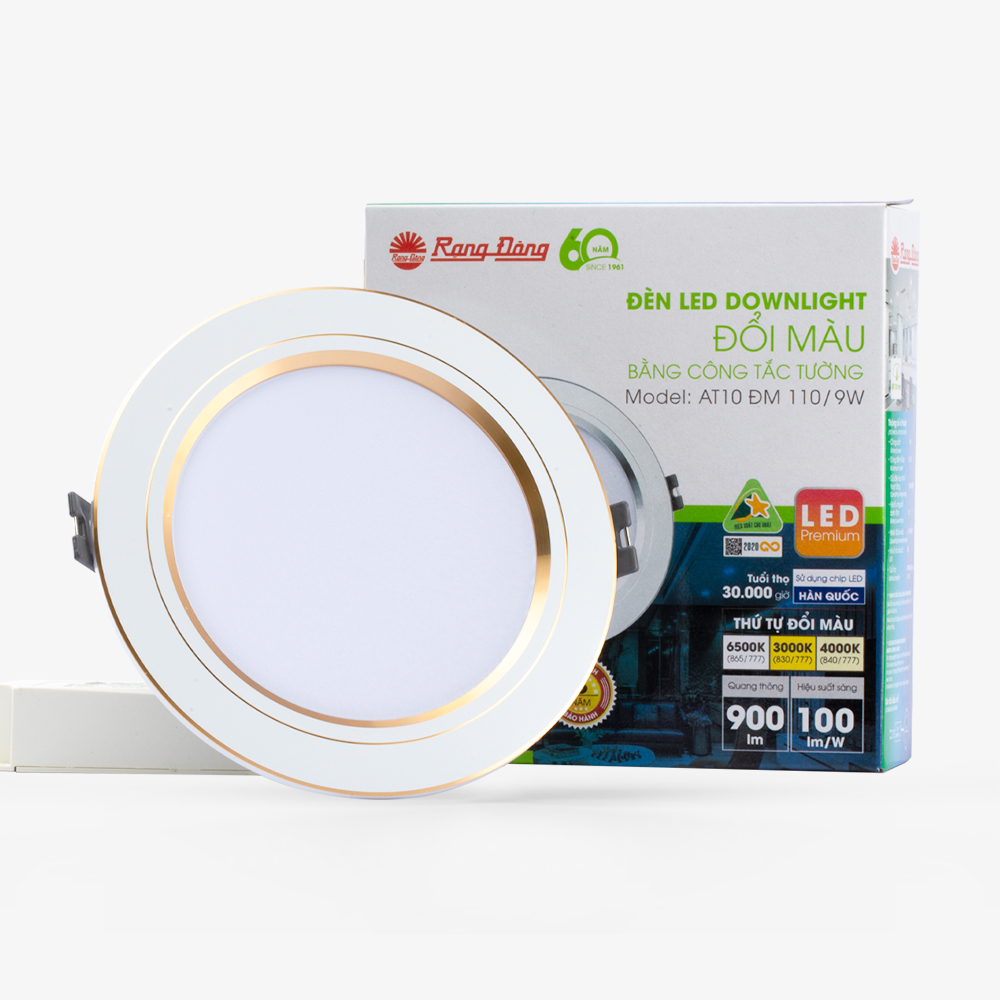 Đèn Led Âm Trần RĐ   9w 3 Mầu Viền Vàng Phi  110