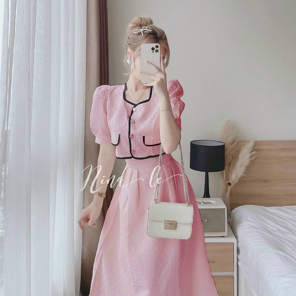 TTL Set bộ xốp áo croptop trắng viền né đen phối chân váy midi xòe tiểu thư dự tiệc Nina lê dịu dàng