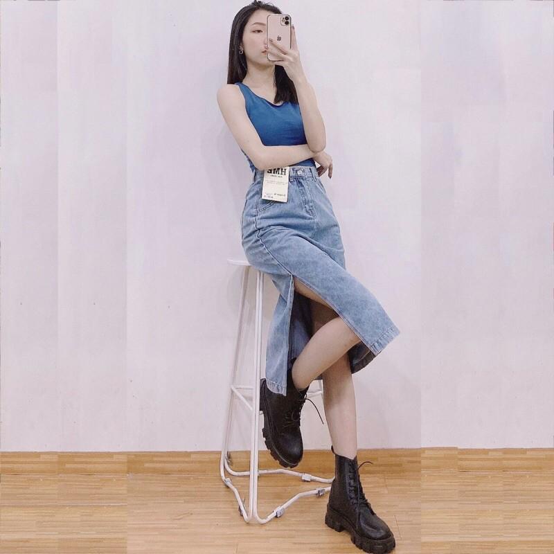 CHÂM VÁY JEANS MIDI XẺ