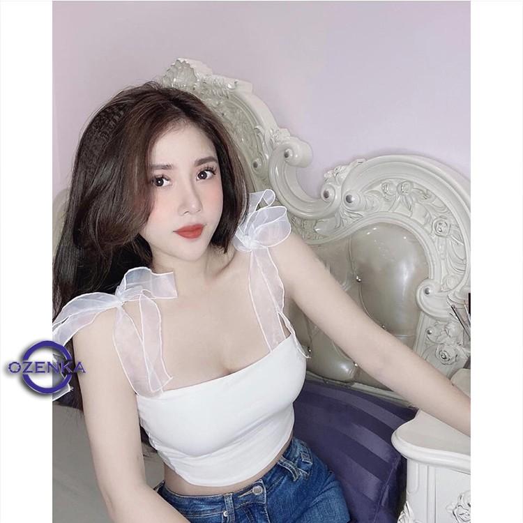 Áo croptop trên phối dây voan , áo hai dây kiểu thắt nơ ruy băng thun gân mịn mát hai dây điều chỉnh được 155