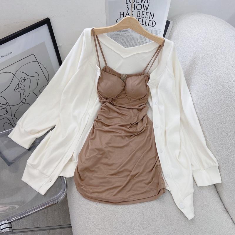 SET ĐẦM NUDE 2 DÂY CÚP NGỰC + KHOÁC CARDIGAN