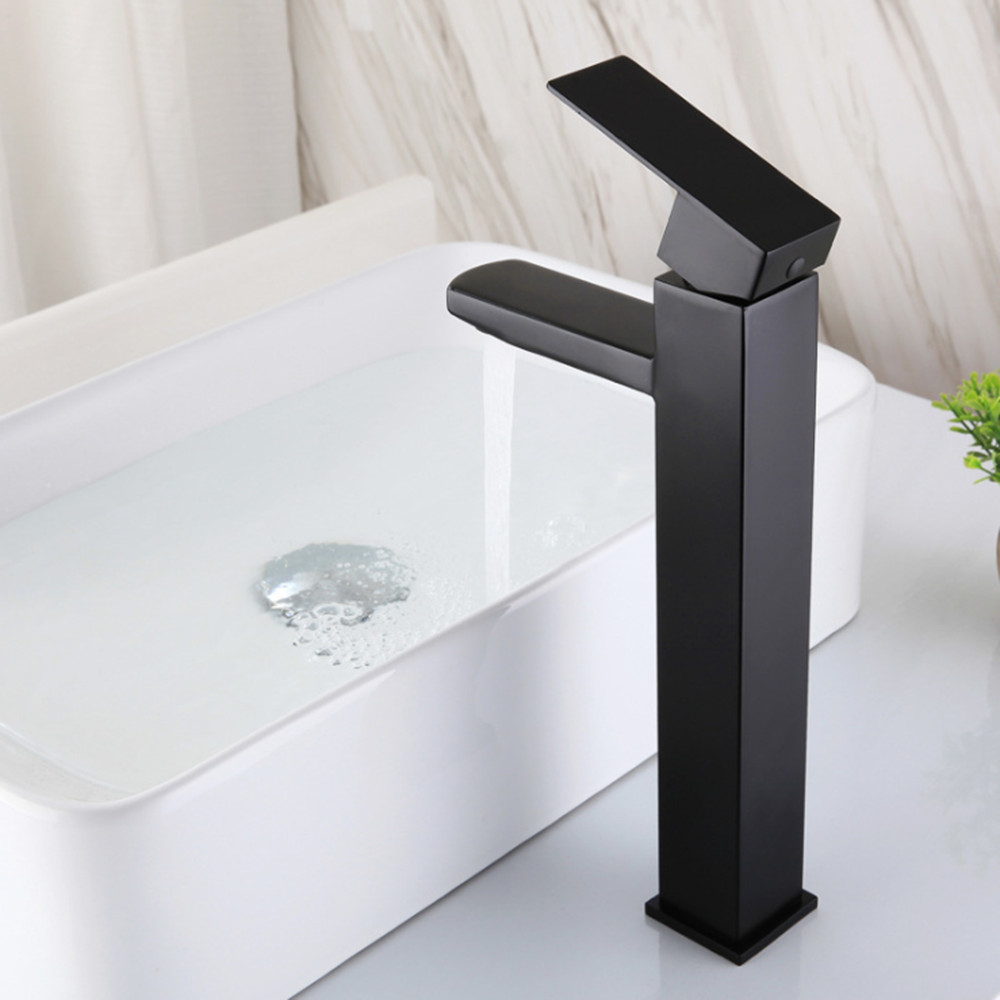 Vòi lavabo vuông cao nóng lạnh mạ đen inox 304 KAMA VC16 - thân cao 30 cm, cân nặng 1kg, tặng kèm bộ dây cấp nước nóng lạnh 60 cm, vòi chậu lavabo vuông nóng lạnh mạ đen sang trọng 