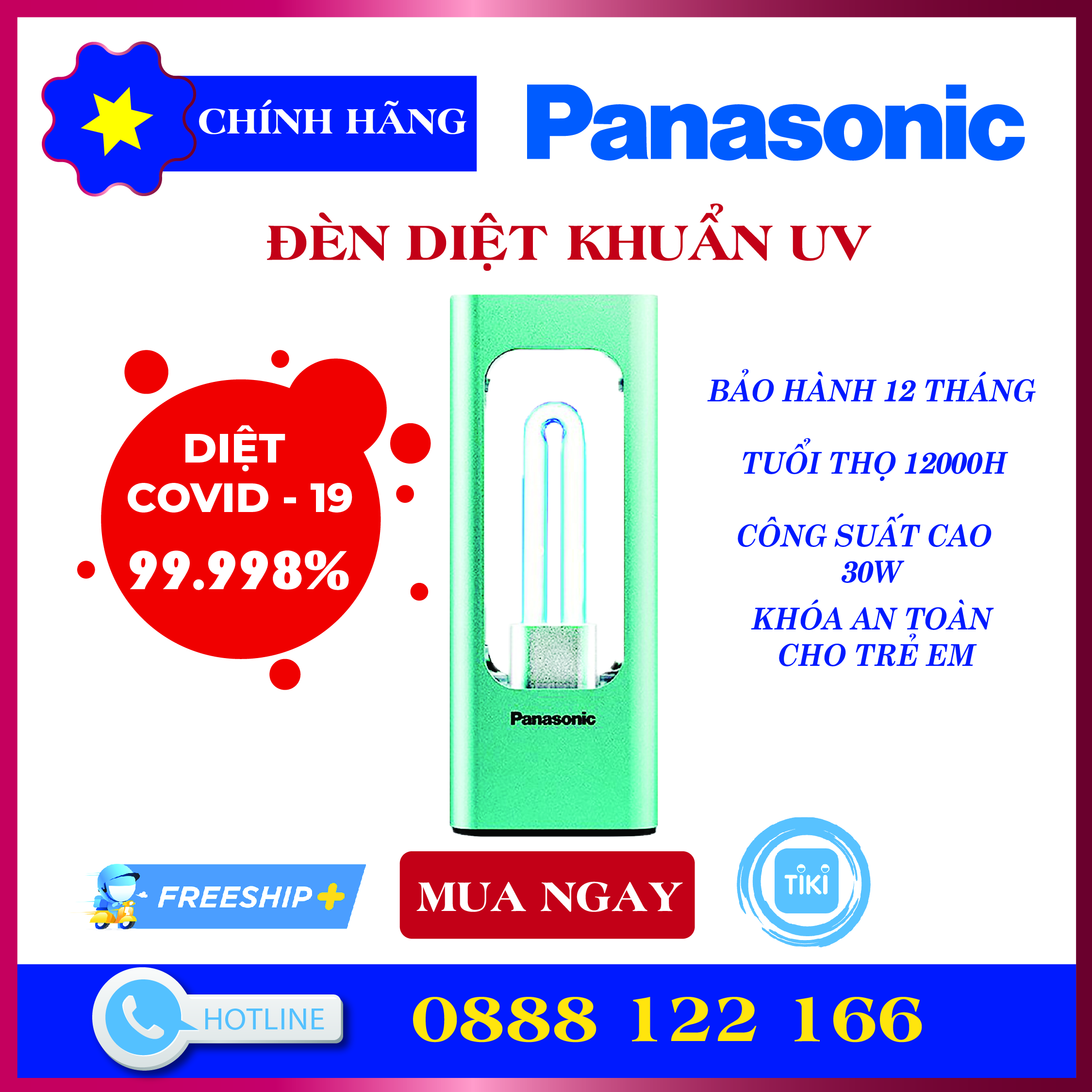 Đèn Diệt Khuẩn Bằng Tia UV PANASONIC SJD3001T88A 30W Tia Cực tím Cảm Biến Bật/Tắt Khóa An toàn 30M2