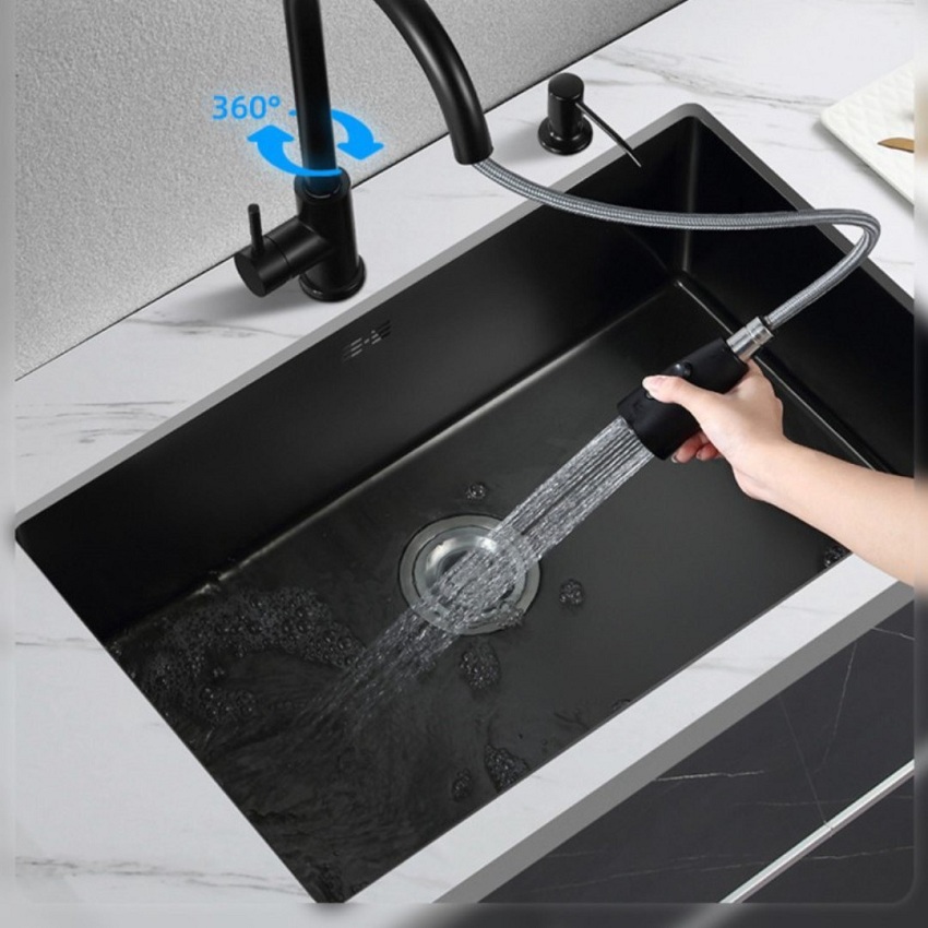 Chậu rửa bát 1 hố cỡ lớn Kích thước 75x45cm inox 304 phủ nano đen chống bám bẩn