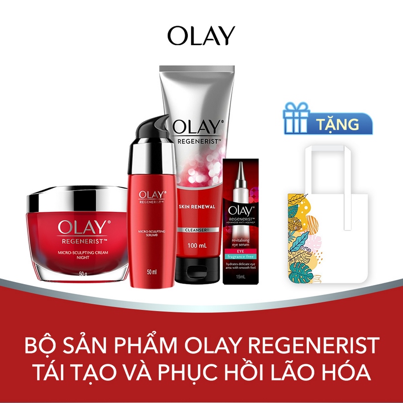 Bộ Sản Phẩm Olay Regenerist Tái Tạo Và Phục Hồi Lão Hóa (Kem vi dưỡng ban ngày, Kem vi dưỡng ban đêm, Tinh chất vi dưỡng mắt, Sữa rửa mặt) [Tặng Túi Tote Thiết Kế Mới]