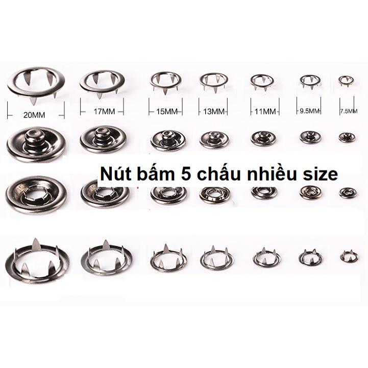 Nút bấm 5 chấu Cúc áo 4 thành phần Bằng thau không gỉ Màu bạc Size lớn 13mm, 15mm, 17mm, 20mm Bịch 10 bộ